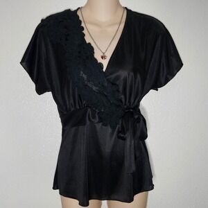 Lily White Black Satin Wrap Top Tie Waist Blouse